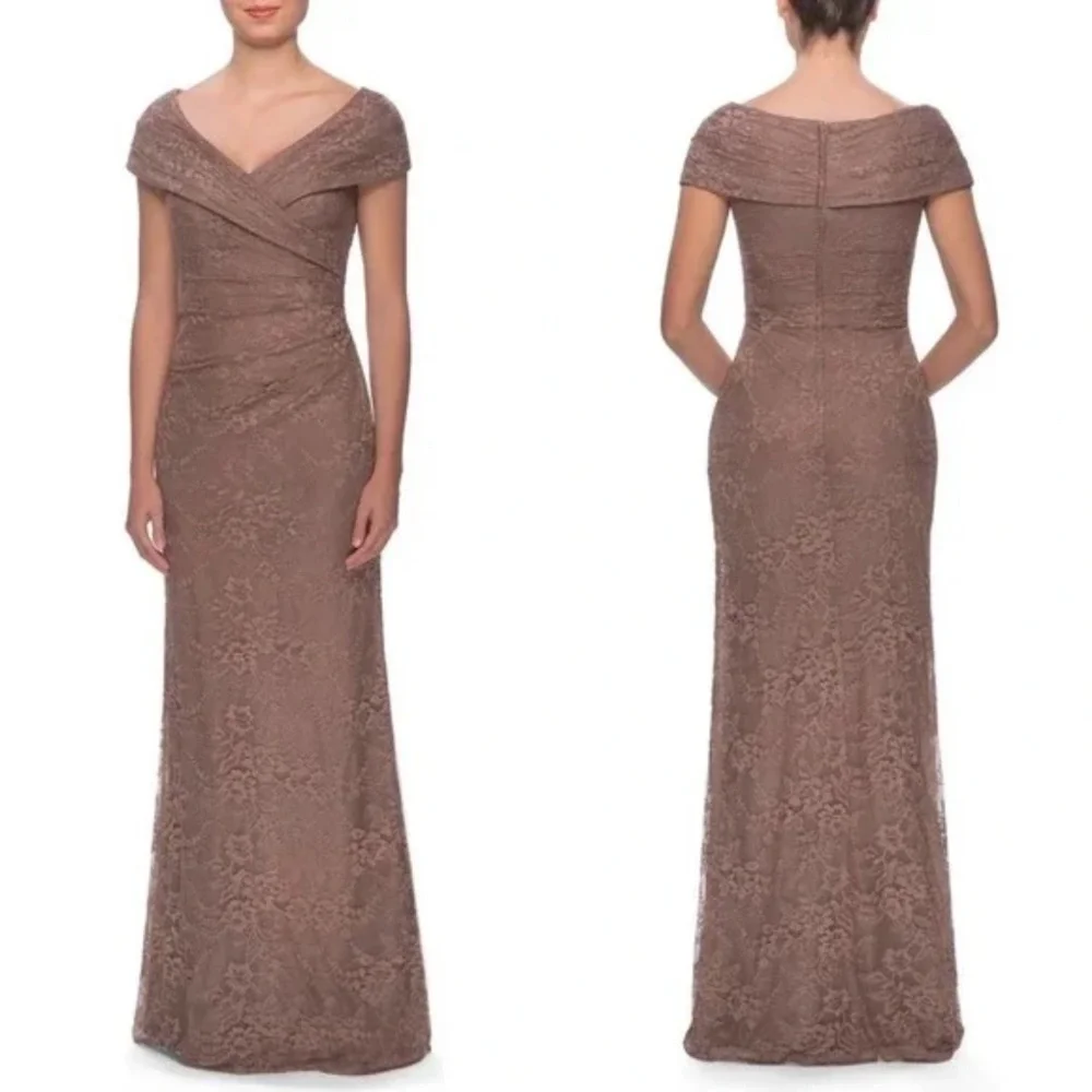 NWT La Femme Portrait Neck Embellished Lace Trumpet Evening Gown in Coco… - Picture 2 of 3
